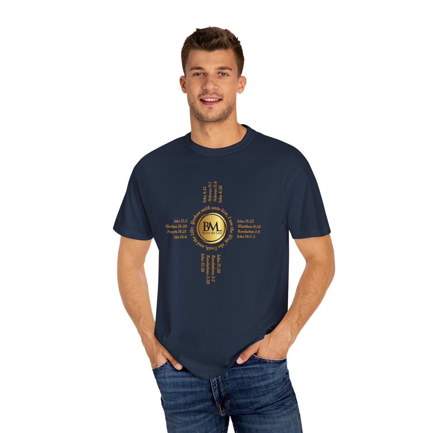 A New Mexican Favorite, Christ-Centered Comfort Garment-Dyed T-Shirt with Biblical Scriptures surrounding BML logo and in the form of the famed & respected Zia Pueblo Symbol