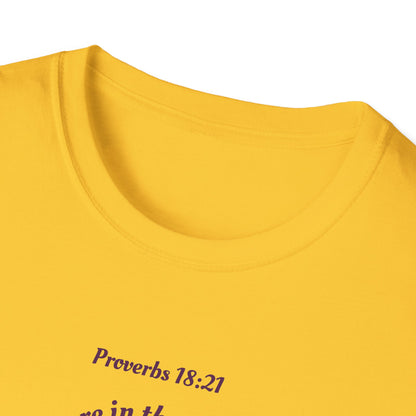 Proverbs 18:21 Death and life are in the power of the tongue, Purple Logo, Unisex Triblend Tee, A daily reminder to speak, think, and act as positively as possible.