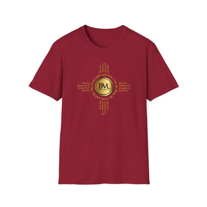 A New Mexican Favorite, Grace-Filled Softstyle T-Shirt with Biblical Scriptures surrounding BML logo and in the form of the famed & respected Zia Pueblo Symbol