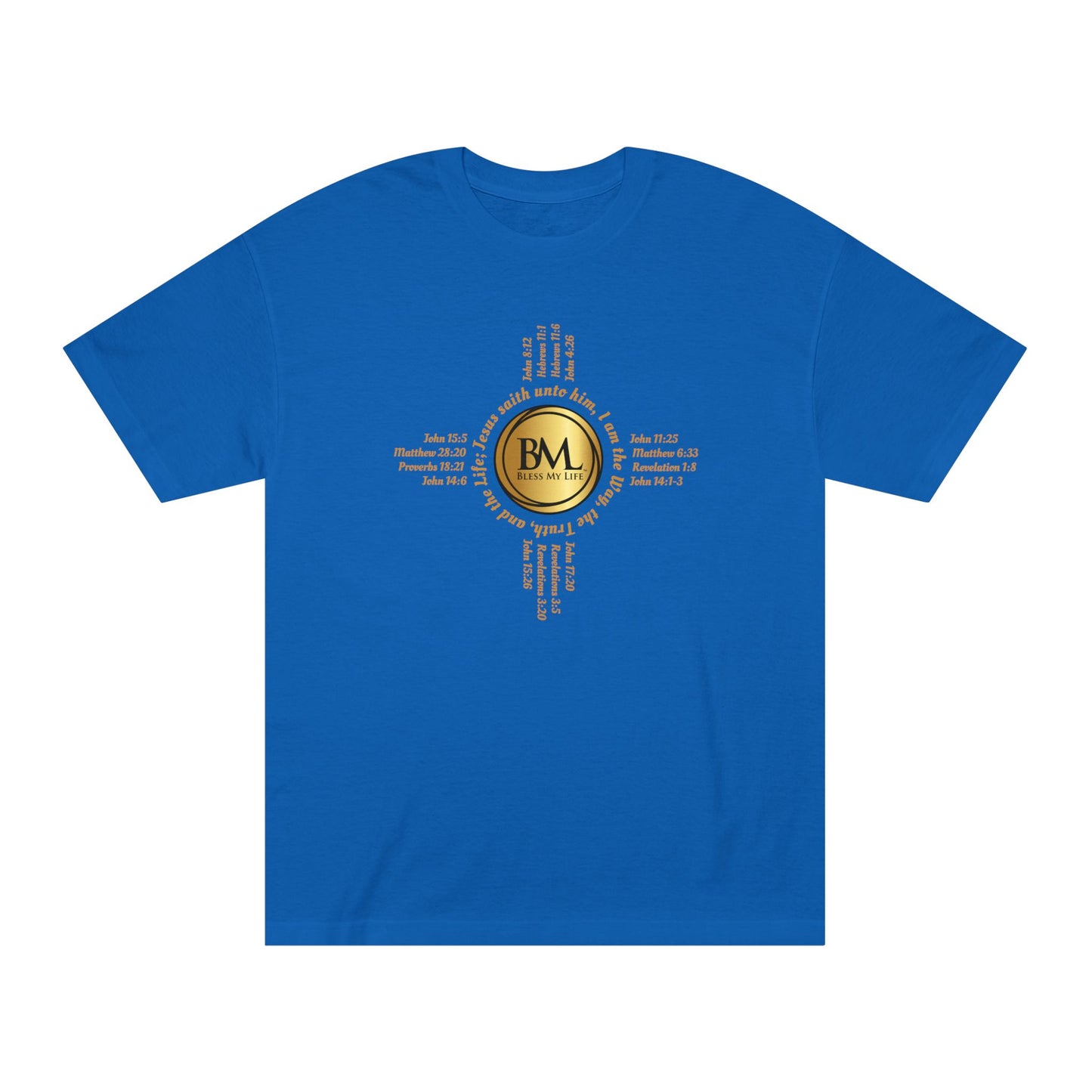 A New Mexican Favorite, Eternal Grace Classic Tee with Biblical Scriptures surrounding BML logo and in the form of the famed & respected Zia Pueblo Symbol