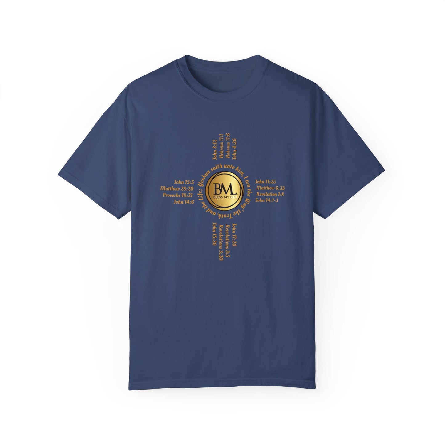 A New Mexican Favorite, Christ-Centered Comfort Garment-Dyed T-Shirt with Biblical Scriptures surrounding BML logo and in the form of the famed & respected Zia Pueblo Symbol