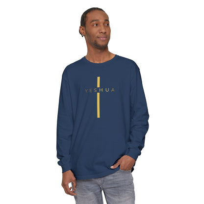 BML Faith Unisex Long Sleeve – Yesua and Cross, Garment-Dyed