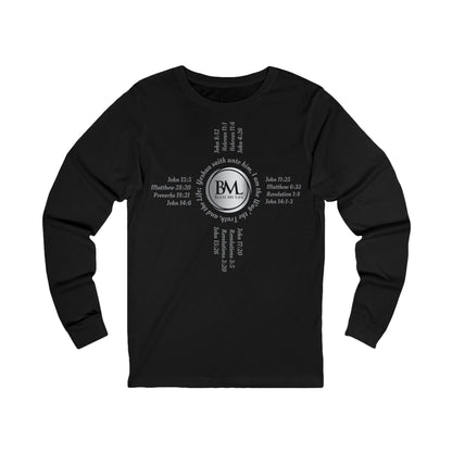 A New Mexican Favorite, Unisex Jersey Long Sleeve Tee with Biblical Scriptures surrounding BML logo and in the form of the famed & respected Zia Pueblo Symbol