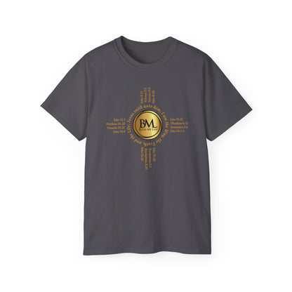 A New Mexican Favorite, Cross & Comfort Cotton T-Shirt with Biblical Scriptures surrounding BML logo and in the form of the famed & respected Zia Pueblo Symbol