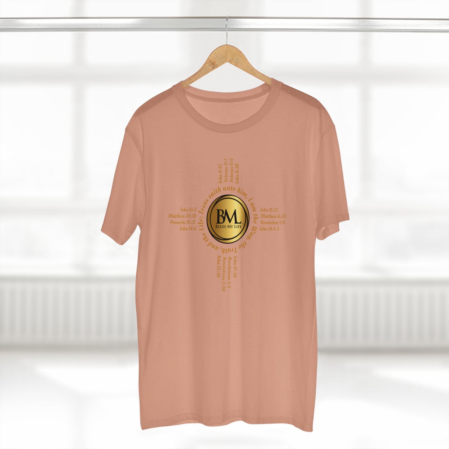 A New Mexican Favorite, Kingdom Essential Tee with Biblical Scriptures surrounding BML logo and in the form of the famed & respected Zia Pueblo Symbol