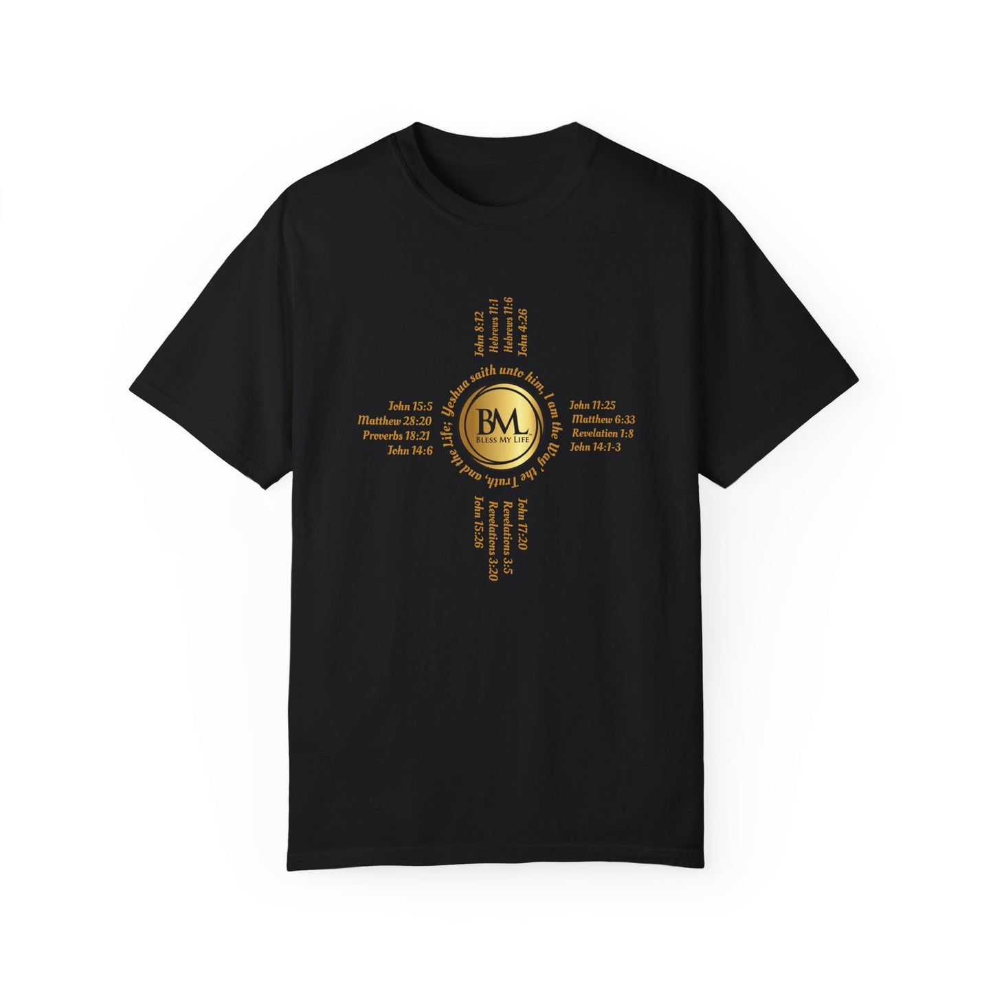 A New Mexican Favorite, Christ-Centered Comfort Garment-Dyed T-Shirt with Biblical Scriptures surrounding BML logo and in the form of the famed & respected Zia Pueblo Symbol