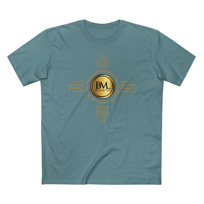 A New Mexican Favorite, Kingdom Essential Tee with Biblical Scriptures surrounding BML logo and in the form of the famed & respected Zia Pueblo Symbol