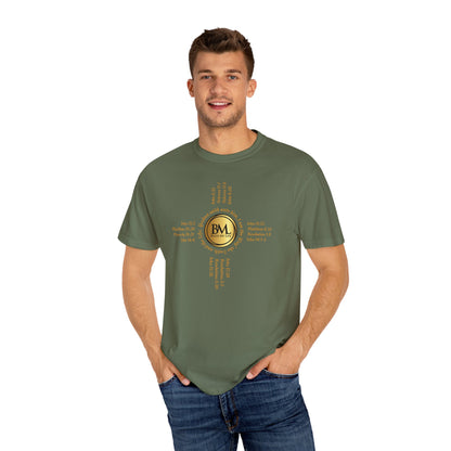 A New Mexican Favorite, Christ-Centered Comfort Garment-Dyed T-Shirt with Biblical Scriptures surrounding BML logo and in the form of the famed & respected Zia Pueblo Symbol