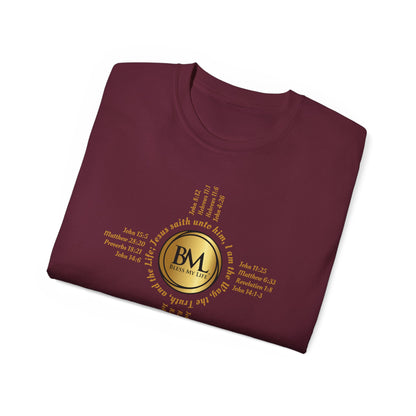 A New Mexican Favorite, Cross & Comfort Cotton T-Shirt with Biblical Scriptures surrounding BML logo and in the form of the famed & respected Zia Pueblo Symbol