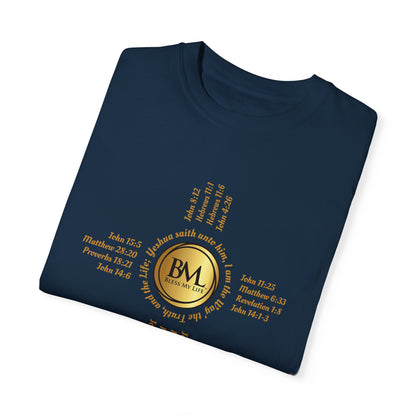 A New Mexican Favorite, Christ-Centered Comfort Garment-Dyed T-Shirt with Biblical Scriptures surrounding BML logo and in the form of the famed & respected Zia Pueblo Symbol