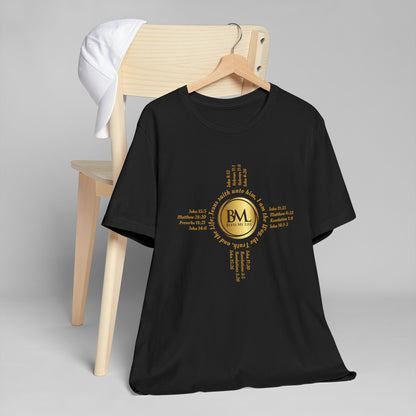 A New Mexican Favorite, Blessed Journey Unisex T-Shirt with Biblical Scriptures surrounding BML logo and in the form of the famed & respected Zia Pueblo Symbol