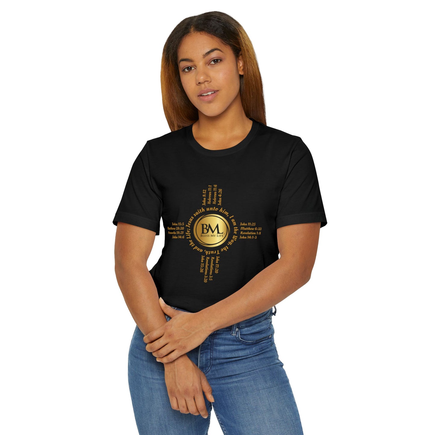 A New Mexican Favorite, Blessed Journey Unisex T-Shirt with Biblical Scriptures surrounding BML logo and in the form of the famed & respected Zia Pueblo Symbol