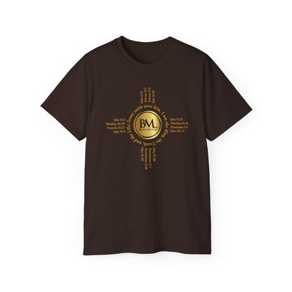 A New Mexican Favorite, Cross & Comfort Cotton T-Shirt with Biblical Scriptures surrounding BML logo and in the form of the famed & respected Zia Pueblo Symbol