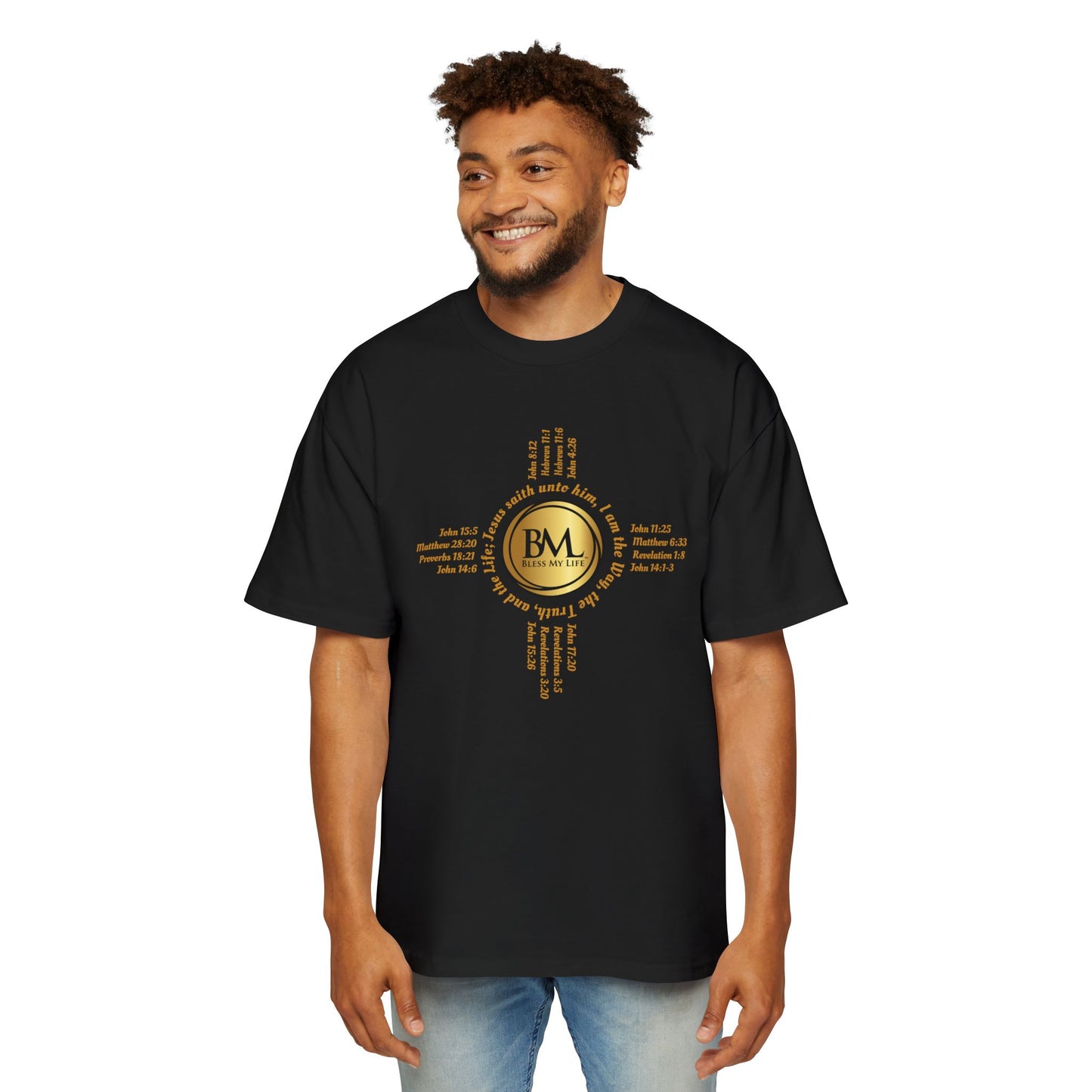 A New Mexican Favorite, Strength in Christ Performance Tee with Biblical Scriptures surrounding BML logo and in the form of the famed & respected Zia Pueblo Symbol