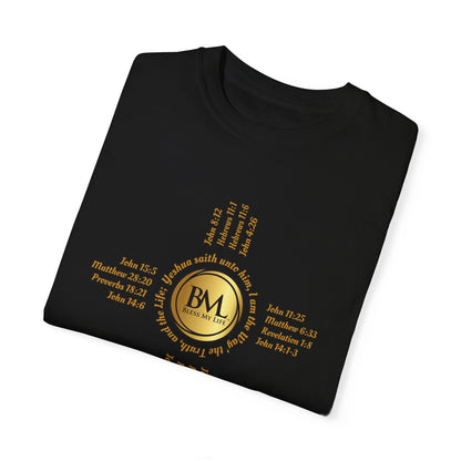 A New Mexican Favorite, Christ-Centered Comfort Garment-Dyed T-Shirt with Biblical Scriptures surrounding BML logo and in the form of the famed & respected Zia Pueblo Symbol