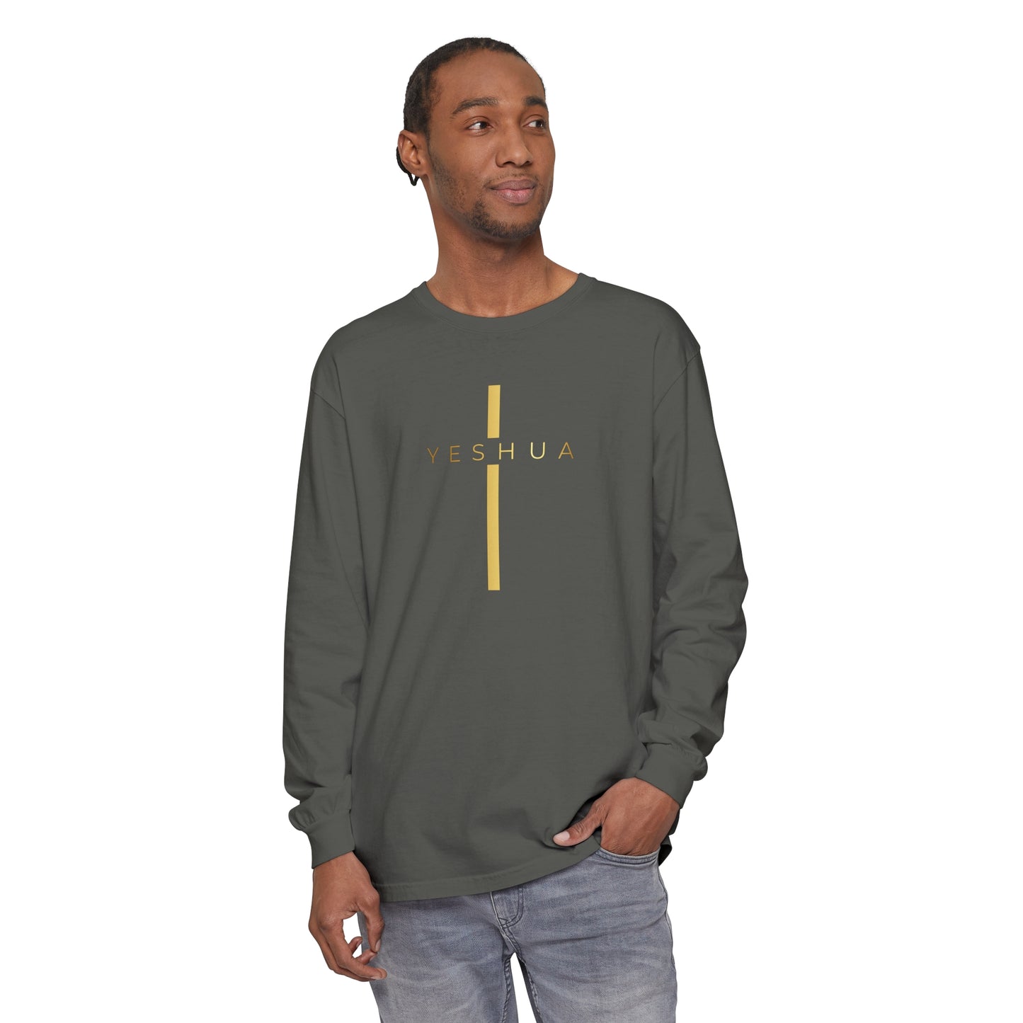 BML Faith Unisex Long Sleeve – Yesua and Cross, Garment-Dyed