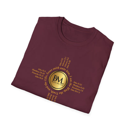 A New Mexican Favorite, Grace-Filled Softstyle T-Shirt with Biblical Scriptures surrounding BML logo and in the form of the famed & respected Zia Pueblo Symbol