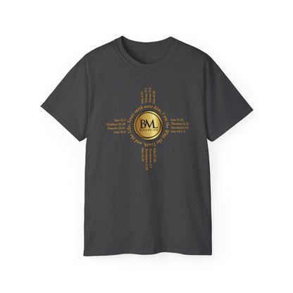 A New Mexican Favorite, Cross & Comfort Cotton T-Shirt with Biblical Scriptures surrounding BML logo and in the form of the famed & respected Zia Pueblo Symbol