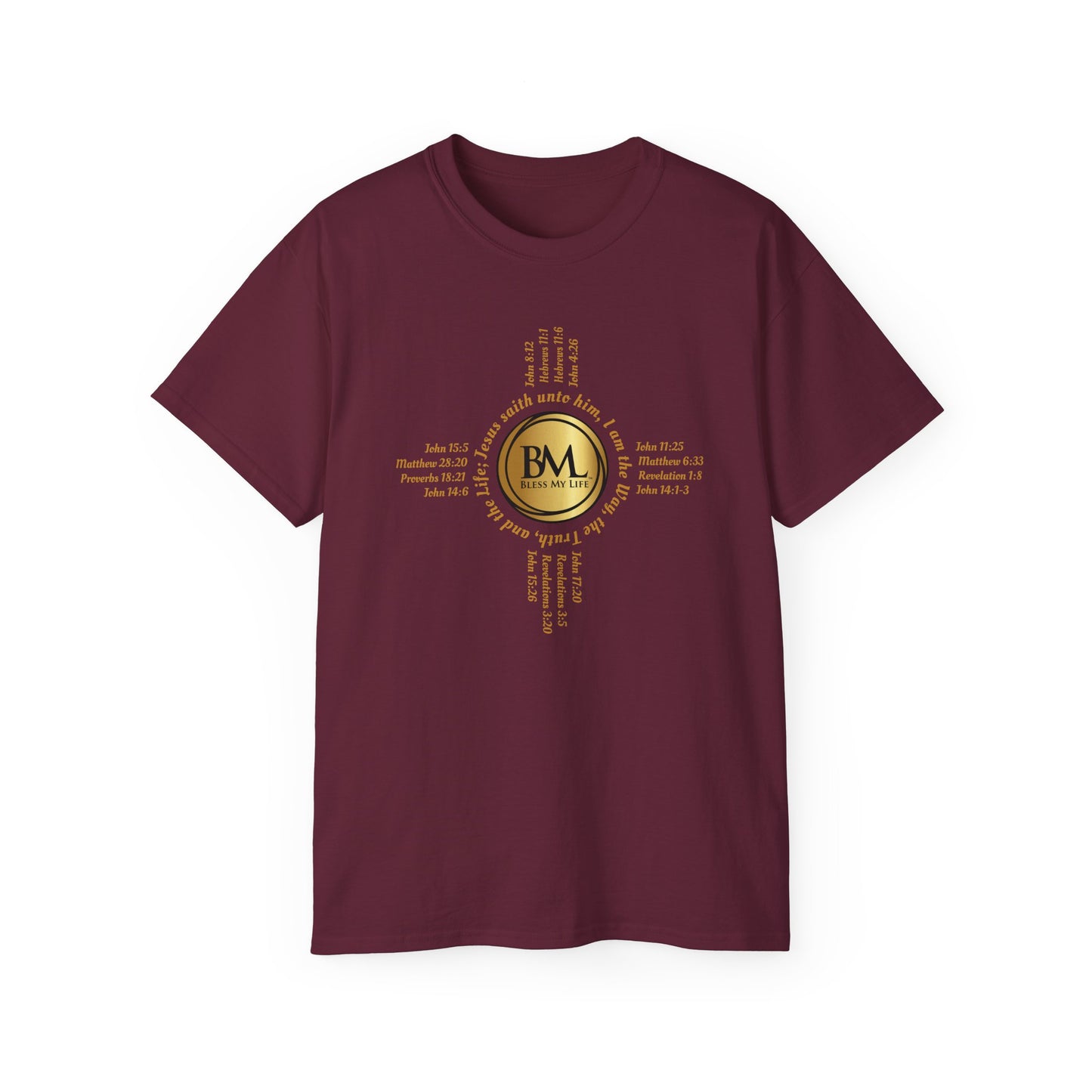 A New Mexican Favorite, Cross & Comfort Cotton T-Shirt with Biblical Scriptures surrounding BML logo and in the form of the famed & respected Zia Pueblo Symbol