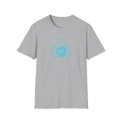 2 Corinthians 6:2 behold, now is the day of salvation, Aqua Blue Logo, Unisex Triblend Tee, A daily reminder that Salvation through Jesus is TODAY!