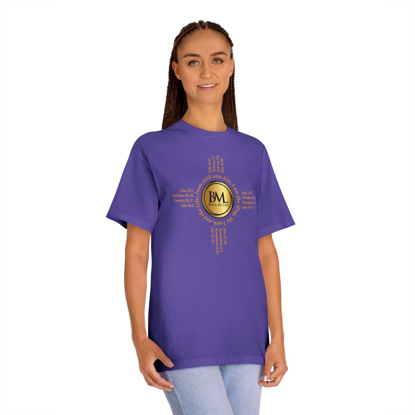 A New Mexican Favorite, Eternal Grace Classic Tee with Biblical Scriptures surrounding BML logo and in the form of the famed & respected Zia Pueblo Symbol