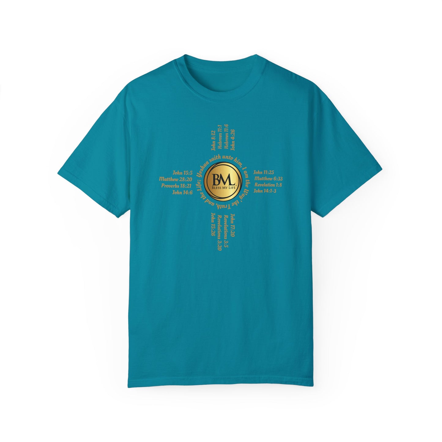 A New Mexican Favorite, Christ-Centered Comfort Garment-Dyed T-Shirt with Biblical Scriptures surrounding BML logo and in the form of the famed & respected Zia Pueblo Symbol