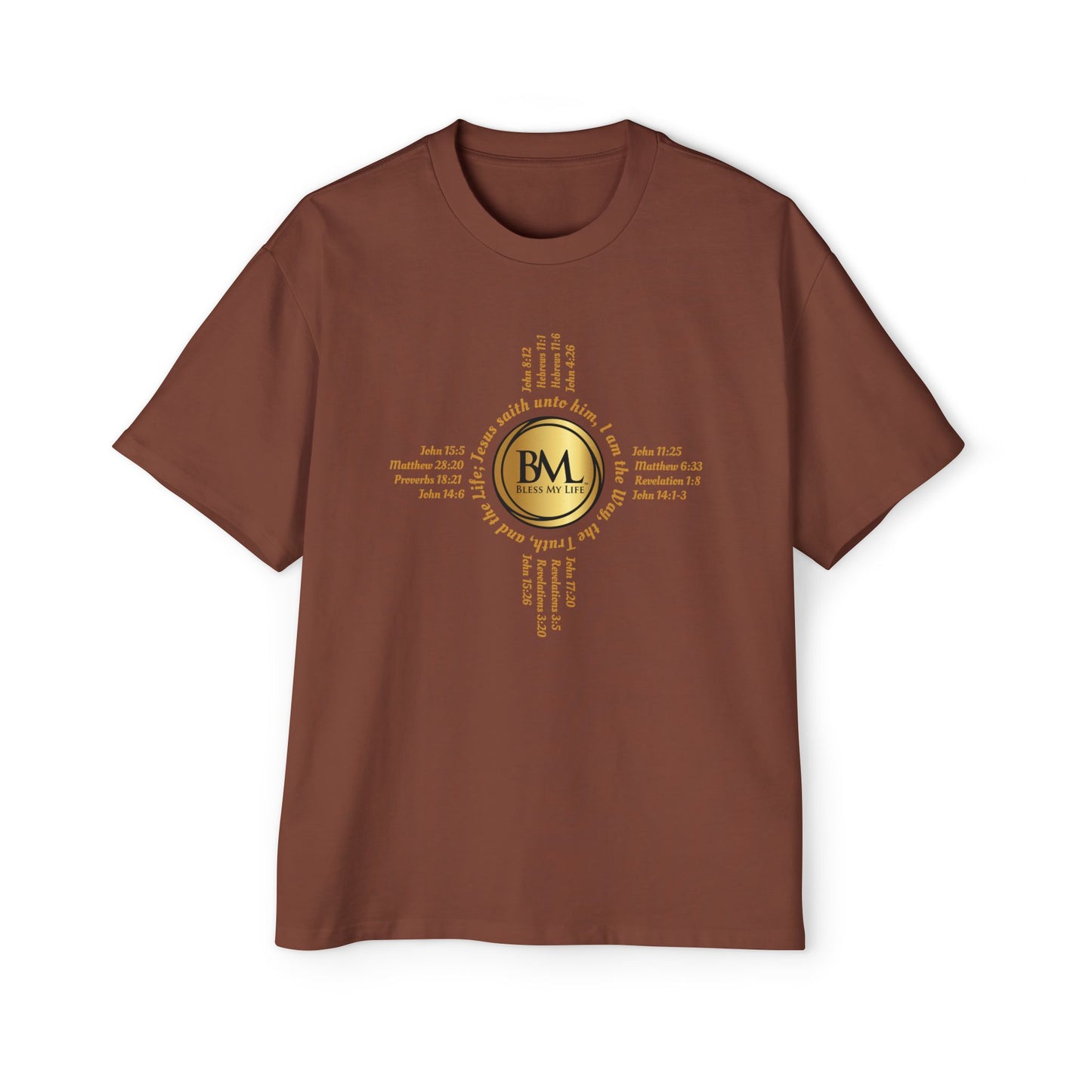 A New Mexican Favorite, Strength in Christ Performance Tee with Biblical Scriptures surrounding BML logo and in the form of the famed & respected Zia Pueblo Symbol