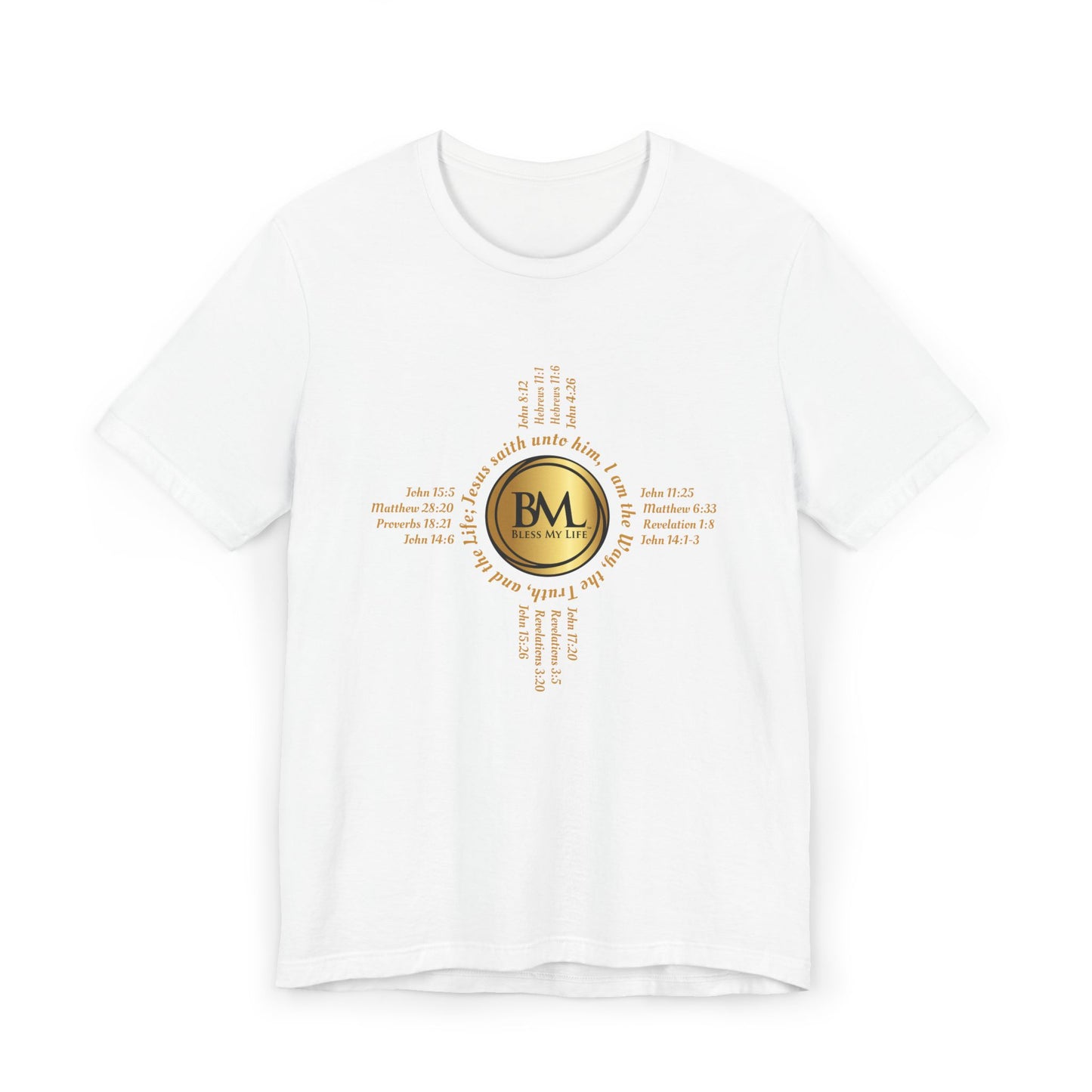 A New Mexican Favorite, Blessed Journey Unisex T-Shirt with Biblical Scriptures surrounding BML logo and in the form of the famed & respected Zia Pueblo Symbol