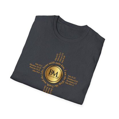 A New Mexican Favorite, Grace-Filled Softstyle T-Shirt with Biblical Scriptures surrounding BML logo and in the form of the famed & respected Zia Pueblo Symbol