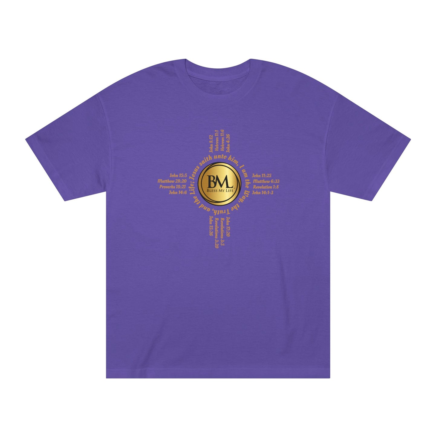 A New Mexican Favorite, Eternal Grace Classic Tee with Biblical Scriptures surrounding BML logo and in the form of the famed & respected Zia Pueblo Symbol