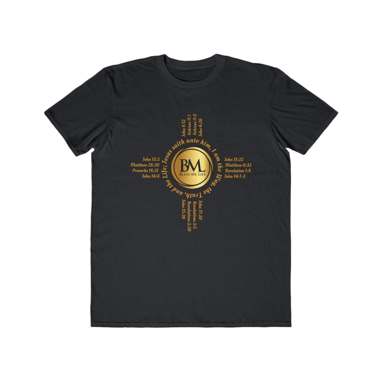 A New Mexican Favorite, Kingdom Walk Fashion Tee with Biblical Scriptures surrounding BML logo and in the form of the famed & respected Zia Pueblo Symbol