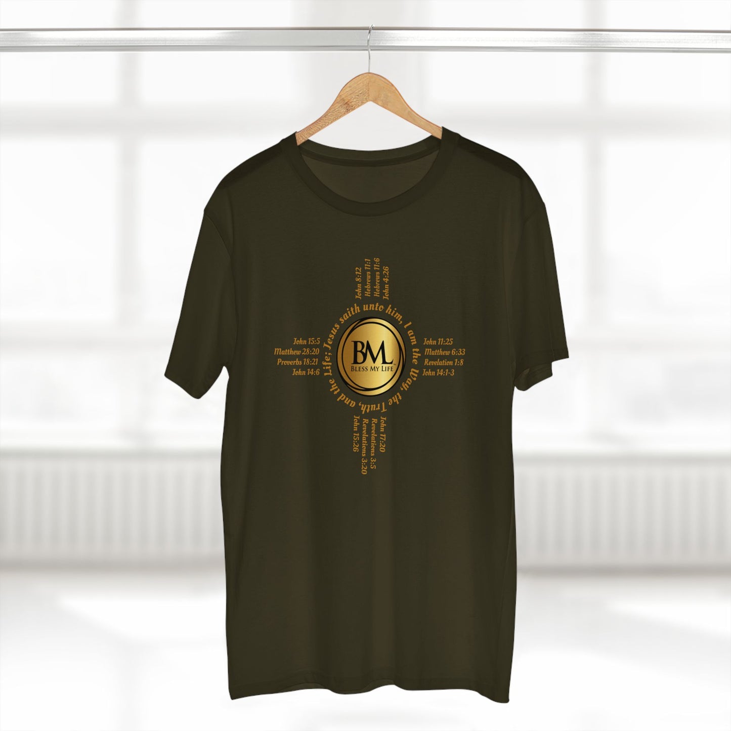 A New Mexican Favorite, Kingdom Essential Tee with Biblical Scriptures surrounding BML logo and in the form of the famed & respected Zia Pueblo Symbol