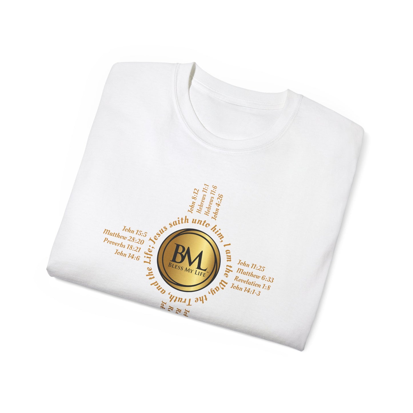 A New Mexican Favorite, Cross & Comfort Cotton T-Shirt with Biblical Scriptures surrounding BML logo and in the form of the famed & respected Zia Pueblo Symbol