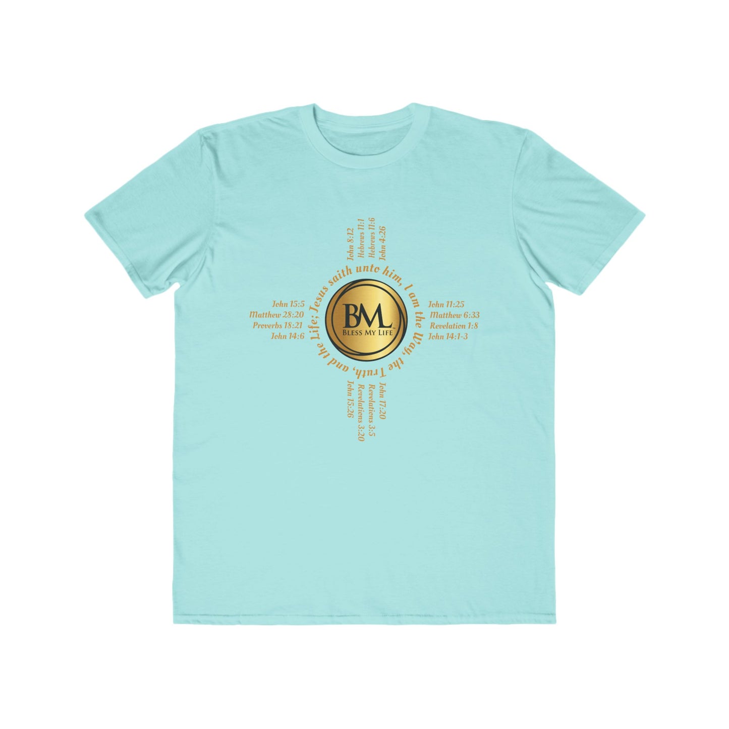 A New Mexican Favorite, Kingdom Walk Fashion Tee with Biblical Scriptures surrounding BML logo and in the form of the famed & respected Zia Pueblo Symbol