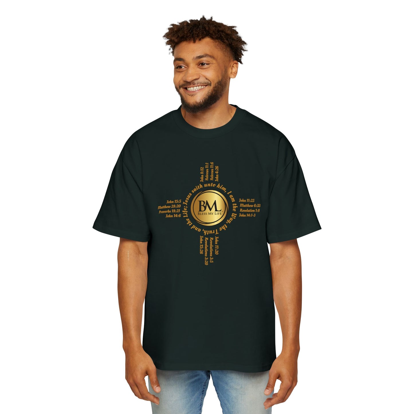 A New Mexican Favorite, Strength in Christ Performance Tee with Biblical Scriptures surrounding BML logo and in the form of the famed & respected Zia Pueblo Symbol