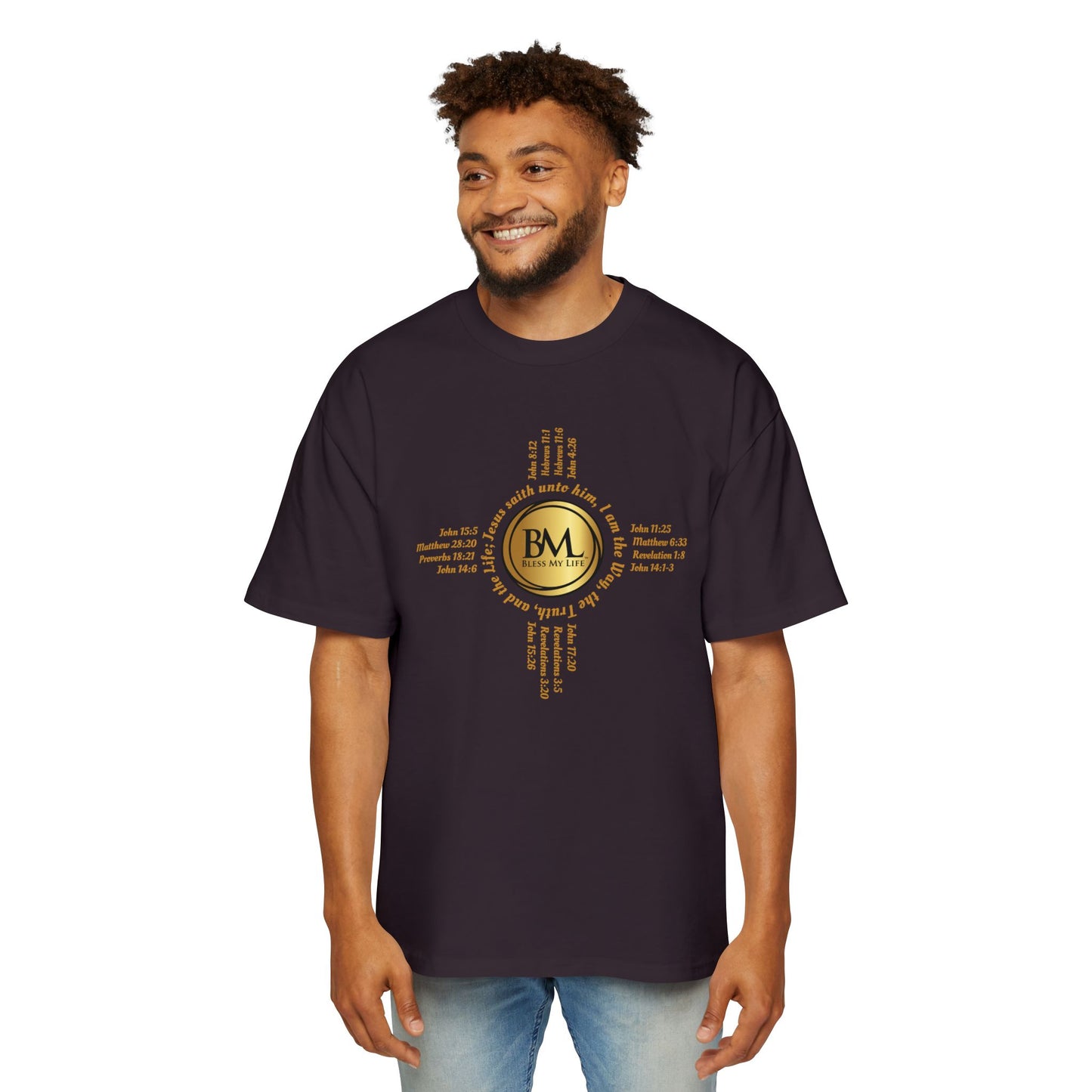 A New Mexican Favorite, Strength in Christ Performance Tee with Biblical Scriptures surrounding BML logo and in the form of the famed & respected Zia Pueblo Symbol