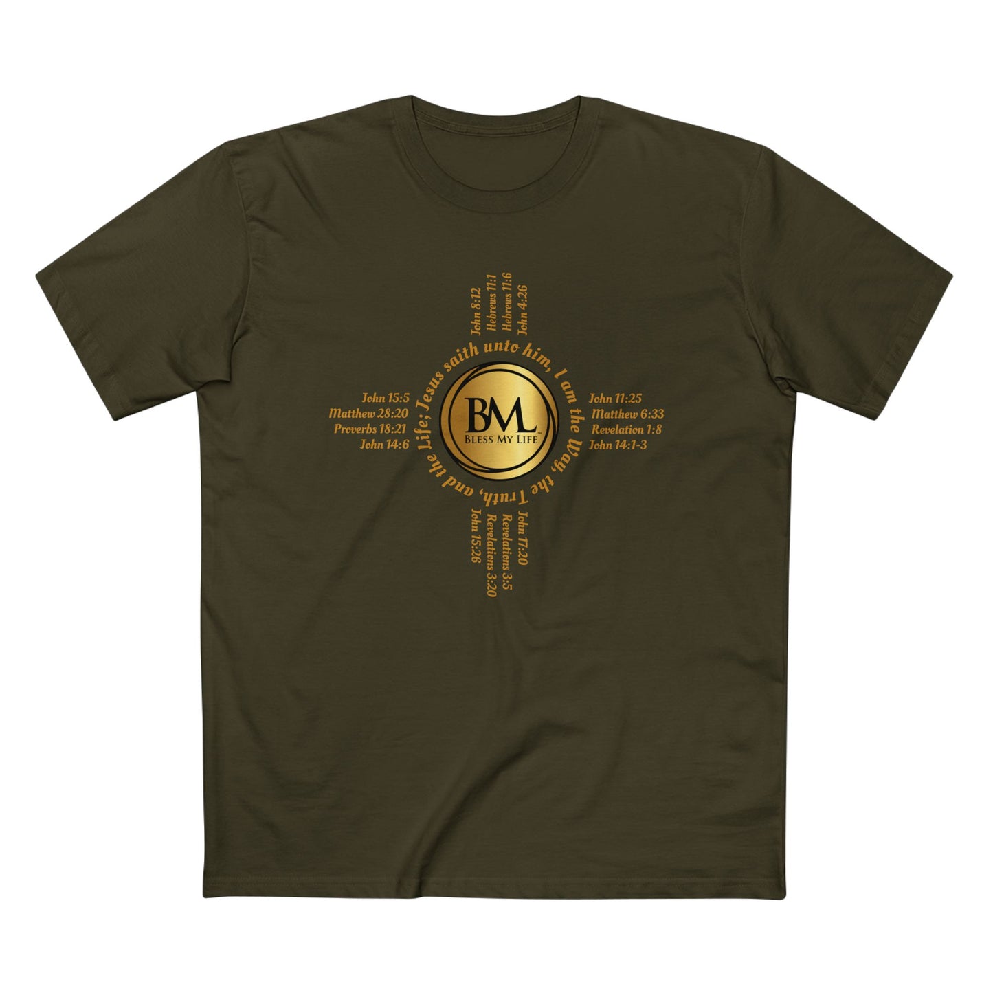 A New Mexican Favorite, Kingdom Essential Tee with Biblical Scriptures surrounding BML logo and in the form of the famed & respected Zia Pueblo Symbol