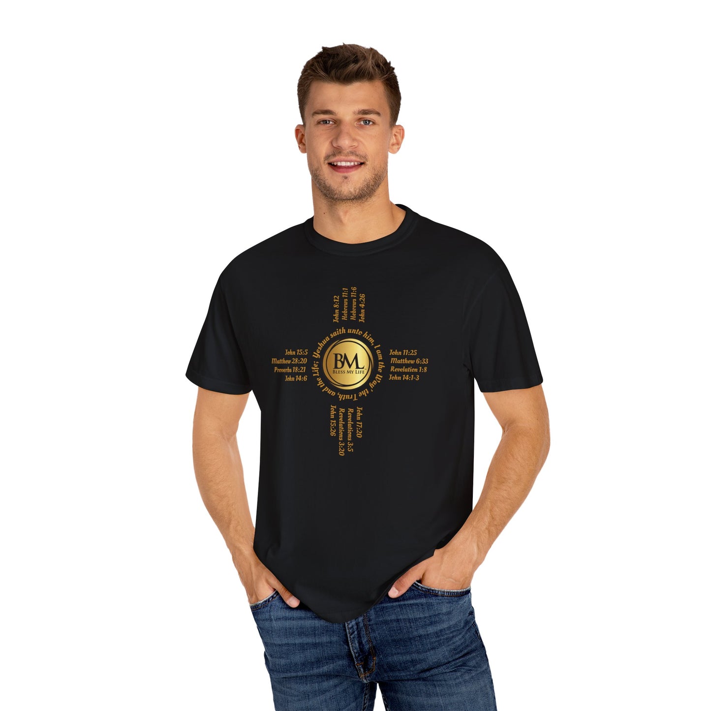 A New Mexican Favorite, Christ-Centered Comfort Garment-Dyed T-Shirt with Biblical Scriptures surrounding BML logo and in the form of the famed & respected Zia Pueblo Symbol