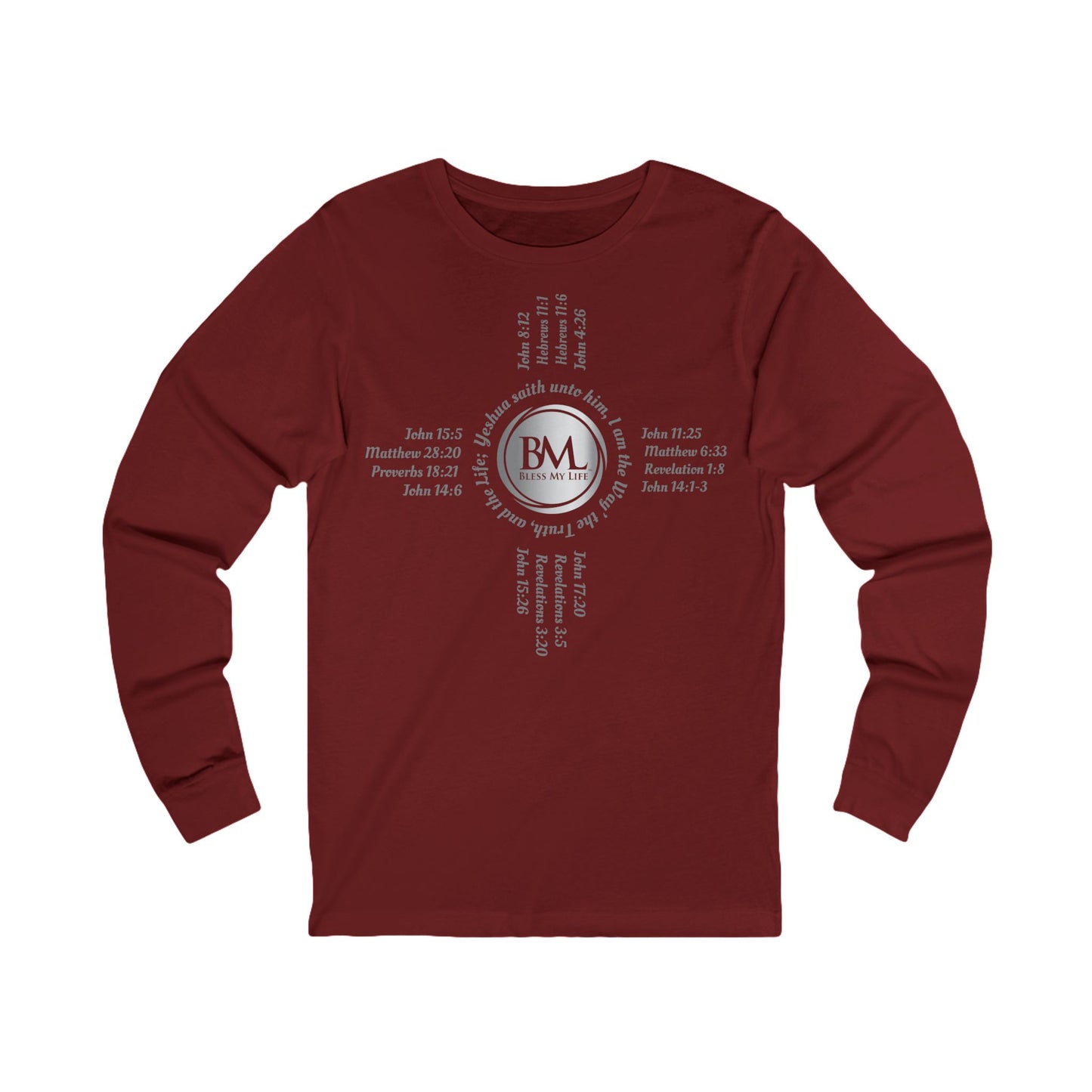 A New Mexican Favorite, Unisex Jersey Long Sleeve Tee with Biblical Scriptures surrounding BML logo and in the form of the famed & respected Zia Pueblo Symbol