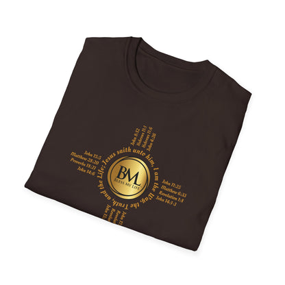 A New Mexican Favorite, Grace-Filled Softstyle T-Shirt with Biblical Scriptures surrounding BML logo and in the form of the famed & respected Zia Pueblo Symbol