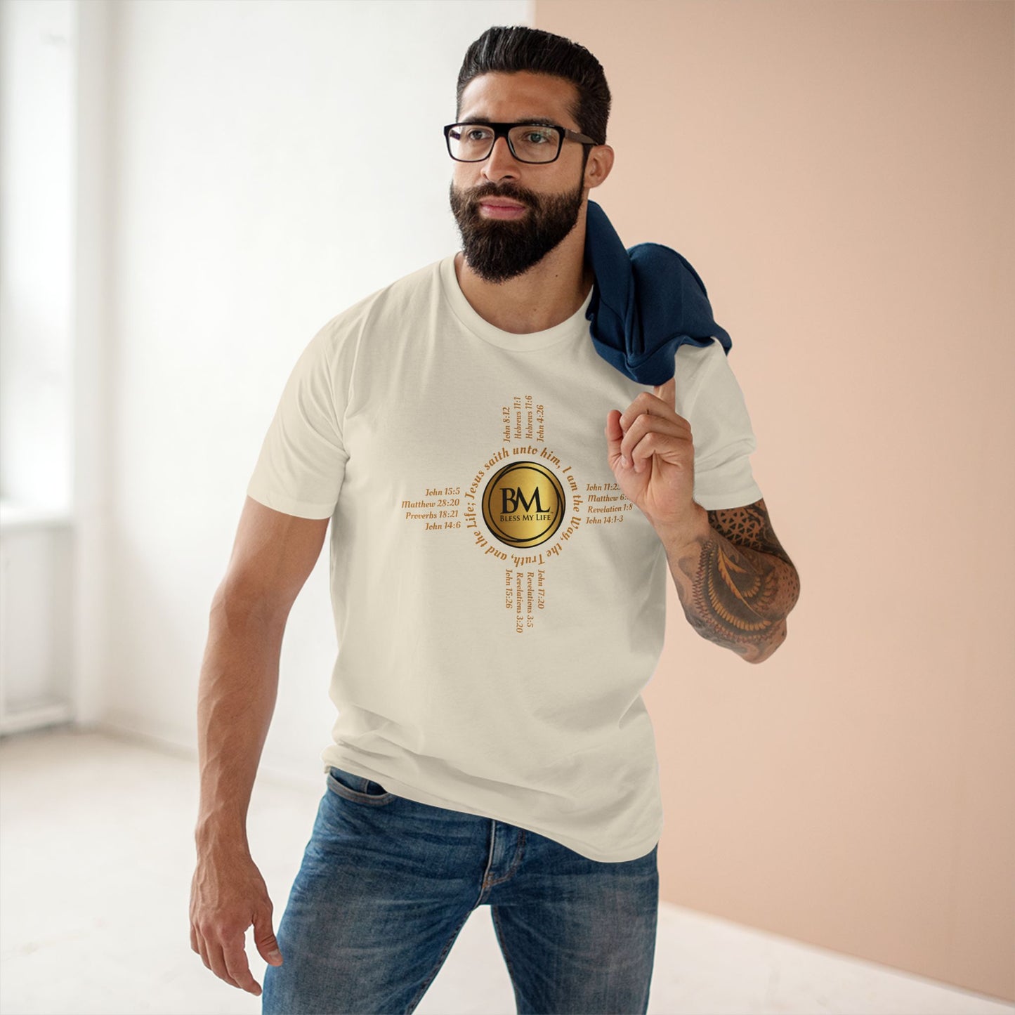 A New Mexican Favorite, Kingdom Essential Tee with Biblical Scriptures surrounding BML logo and in the form of the famed & respected Zia Pueblo Symbol