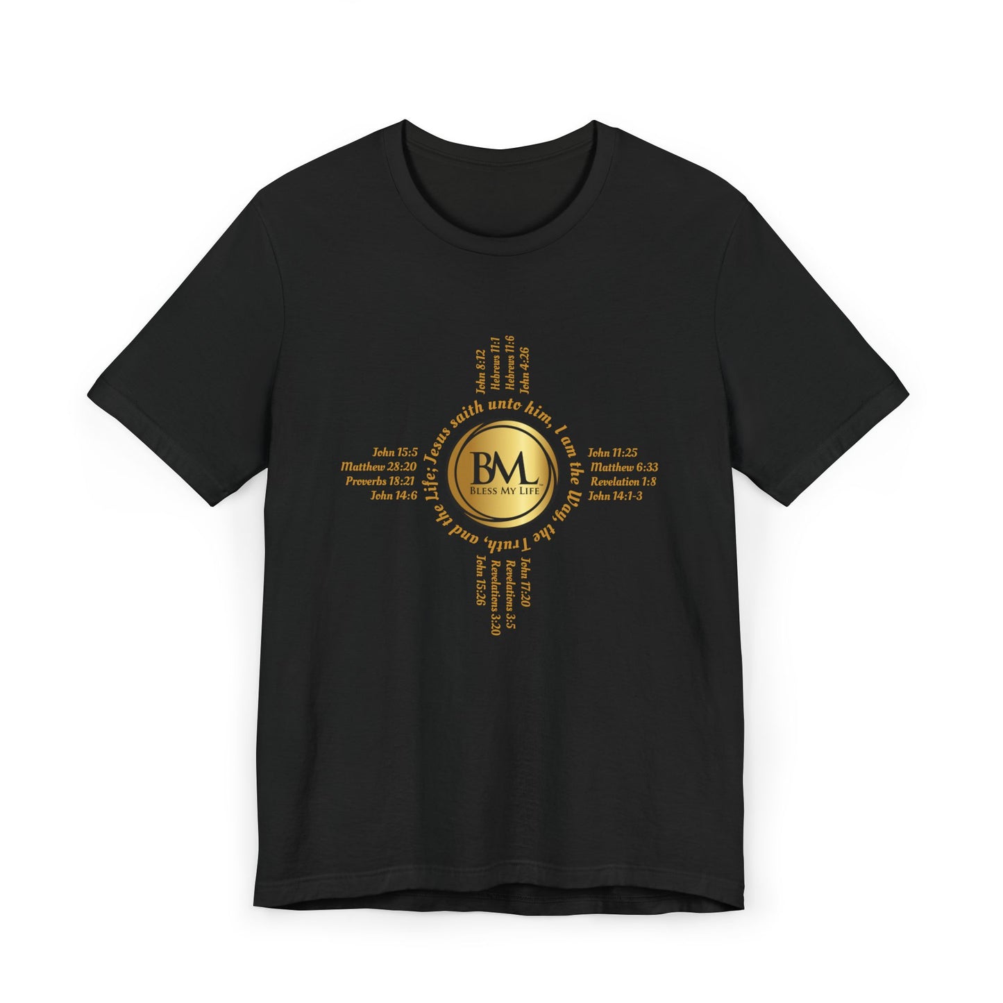 A New Mexican Favorite, Blessed Journey Unisex T-Shirt with Biblical Scriptures surrounding BML logo and in the form of the famed & respected Zia Pueblo Symbol