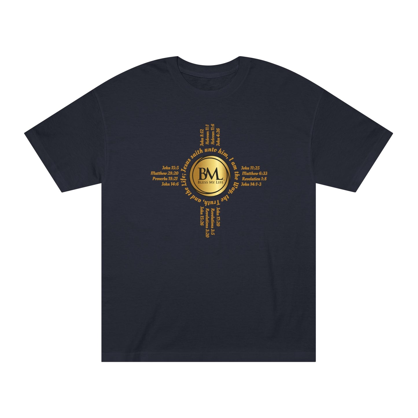 A New Mexican Favorite, Eternal Grace Classic Tee with Biblical Scriptures surrounding BML logo and in the form of the famed & respected Zia Pueblo Symbol