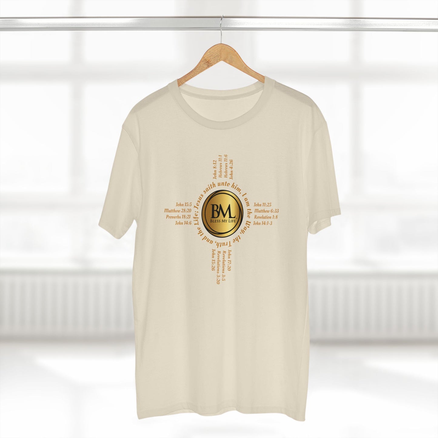 A New Mexican Favorite, Kingdom Essential Tee with Biblical Scriptures surrounding BML logo and in the form of the famed & respected Zia Pueblo Symbol