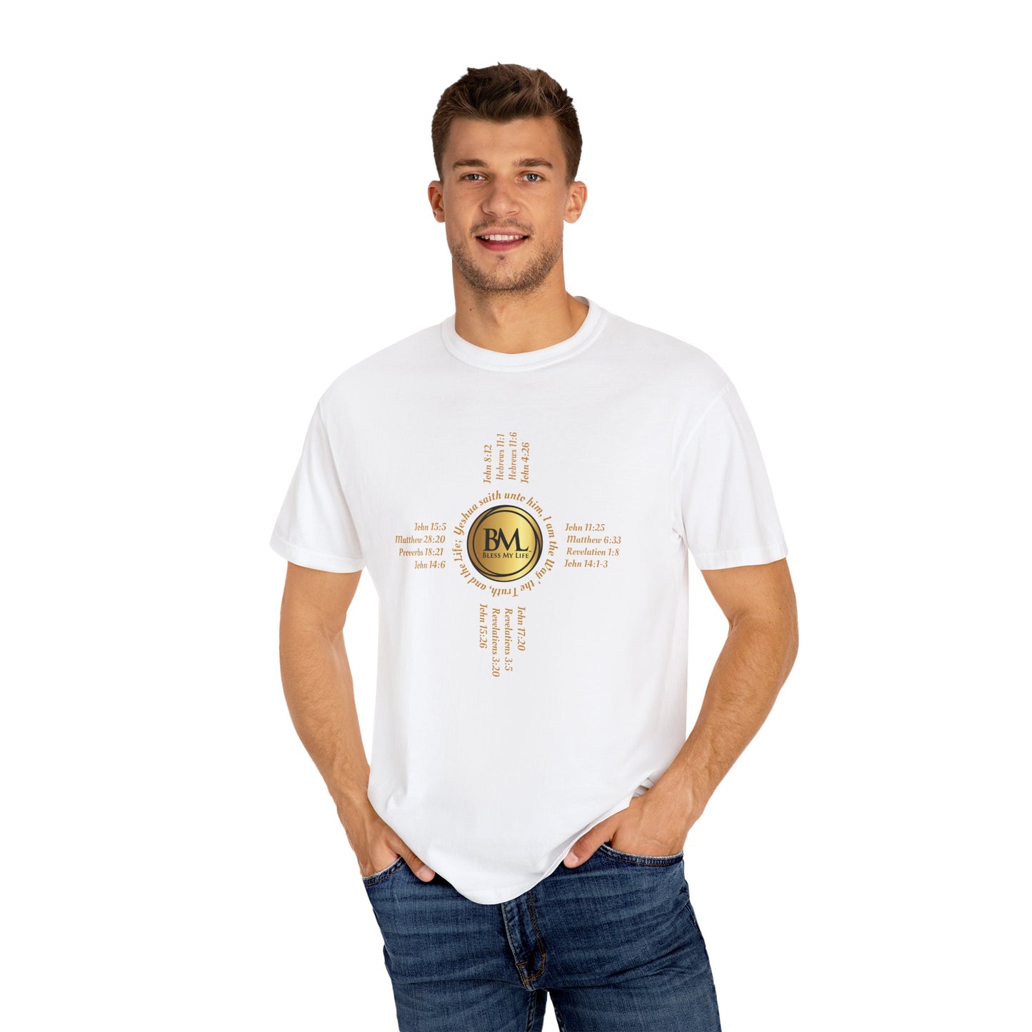 A New Mexican Favorite, Christ-Centered Comfort Garment-Dyed T-Shirt with Biblical Scriptures surrounding BML logo and in the form of the famed & respected Zia Pueblo Symbol