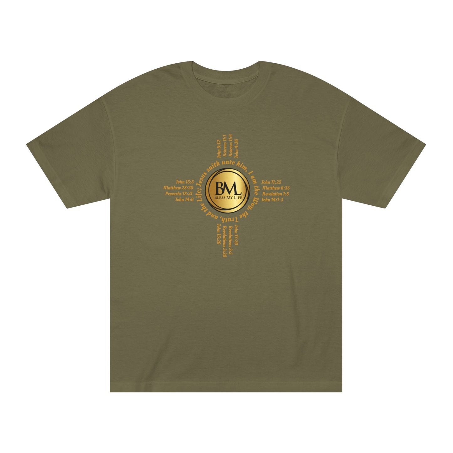 A New Mexican Favorite, Eternal Grace Classic Tee with Biblical Scriptures surrounding BML logo and in the form of the famed & respected Zia Pueblo Symbol