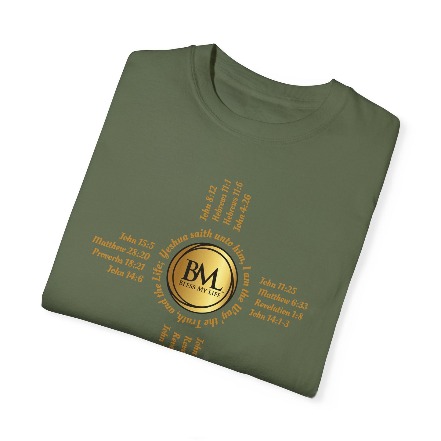 A New Mexican Favorite, Christ-Centered Comfort Garment-Dyed T-Shirt with Biblical Scriptures surrounding BML logo and in the form of the famed & respected Zia Pueblo Symbol