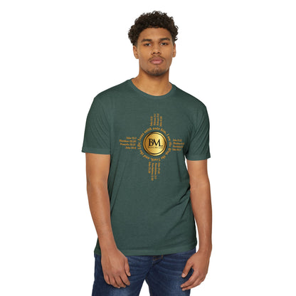 A New Mexican Favorite, Grace-Woven Jersey Tee with Biblical Scriptures surrounding BML logo and in the form of the famed & respected Zia Pueblo Symbol