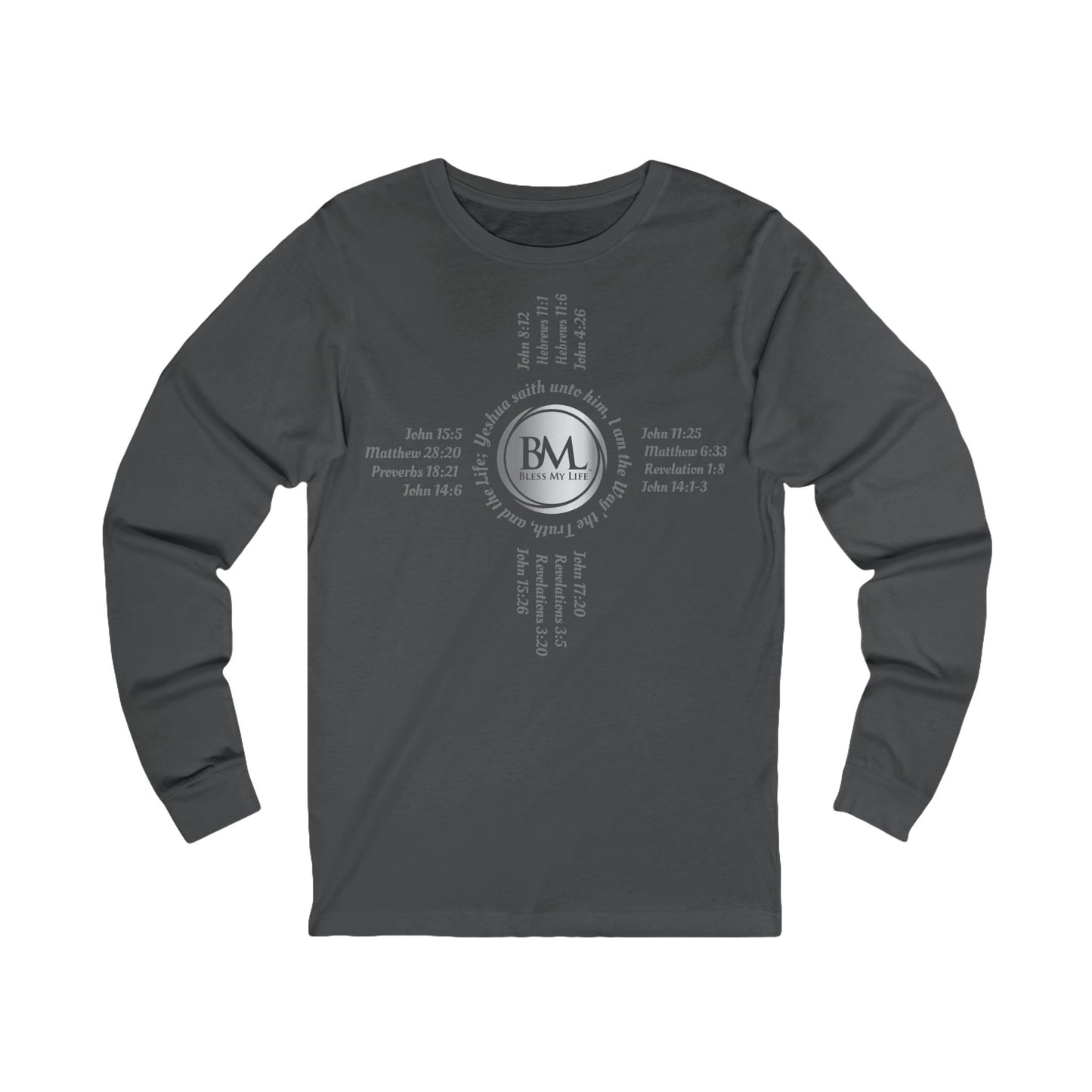 A New Mexican Favorite, Unisex Jersey Long Sleeve Tee with Biblical Scriptures surrounding BML logo and in the form of the famed & respected Zia Pueblo Symbol