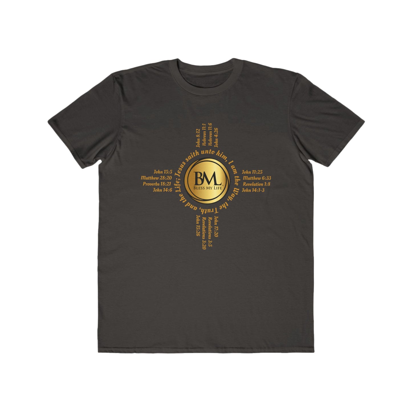 A New Mexican Favorite, Kingdom Walk Fashion Tee with Biblical Scriptures surrounding BML logo and in the form of the famed & respected Zia Pueblo Symbol